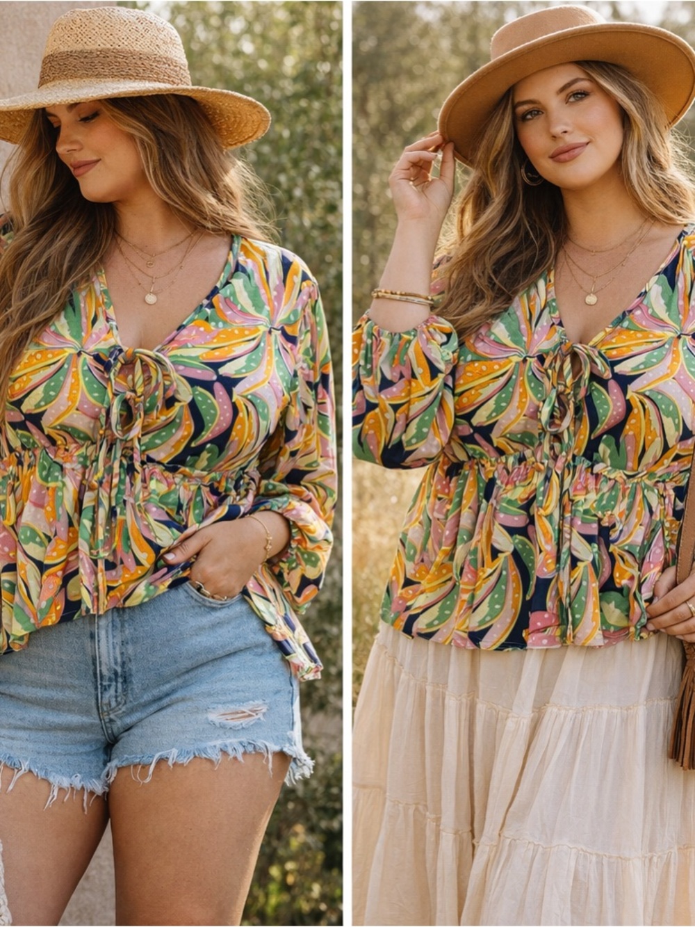 Michelle McDowell Multicolor Tie-Front Peplum Blouse with V-Neck 07-0242